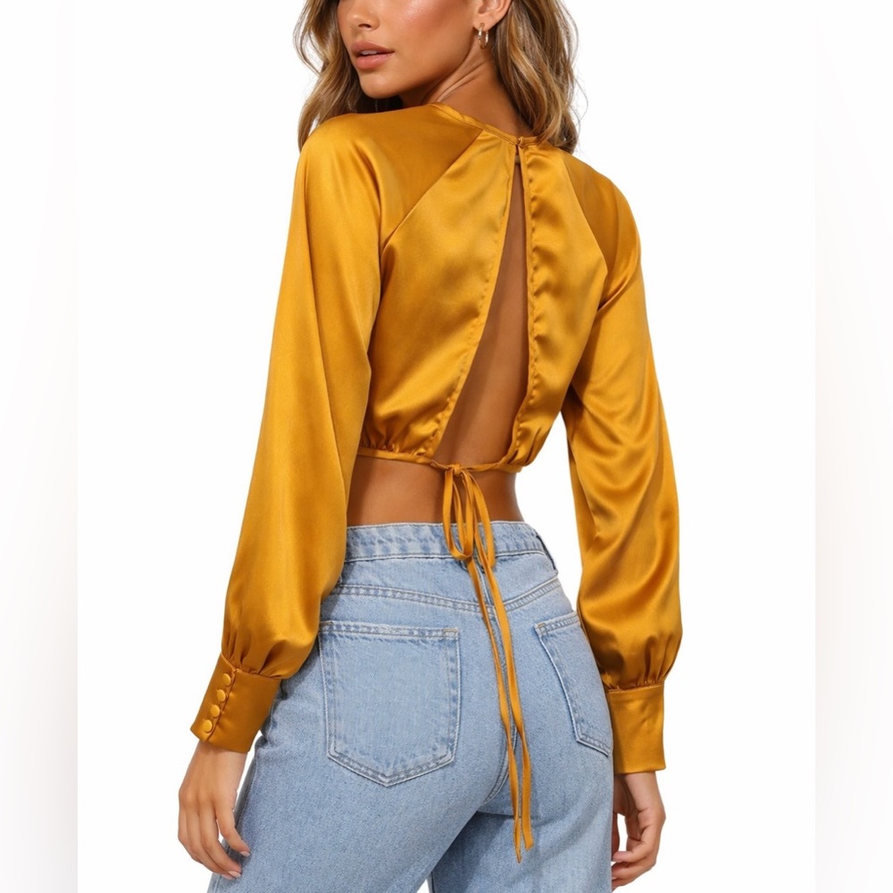 12th Tribe Gold Satin Open Back Tie Crop Top Long Sleeve Blouse Festival Boho S